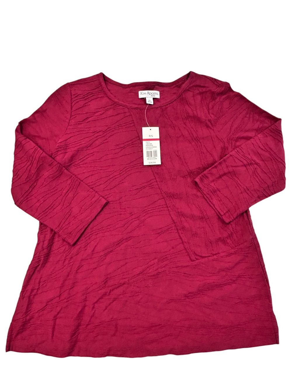 NEW Kim Rogers Petite S Fuchsia Sangria Criss Cross Textured Long Sleeve Shirt